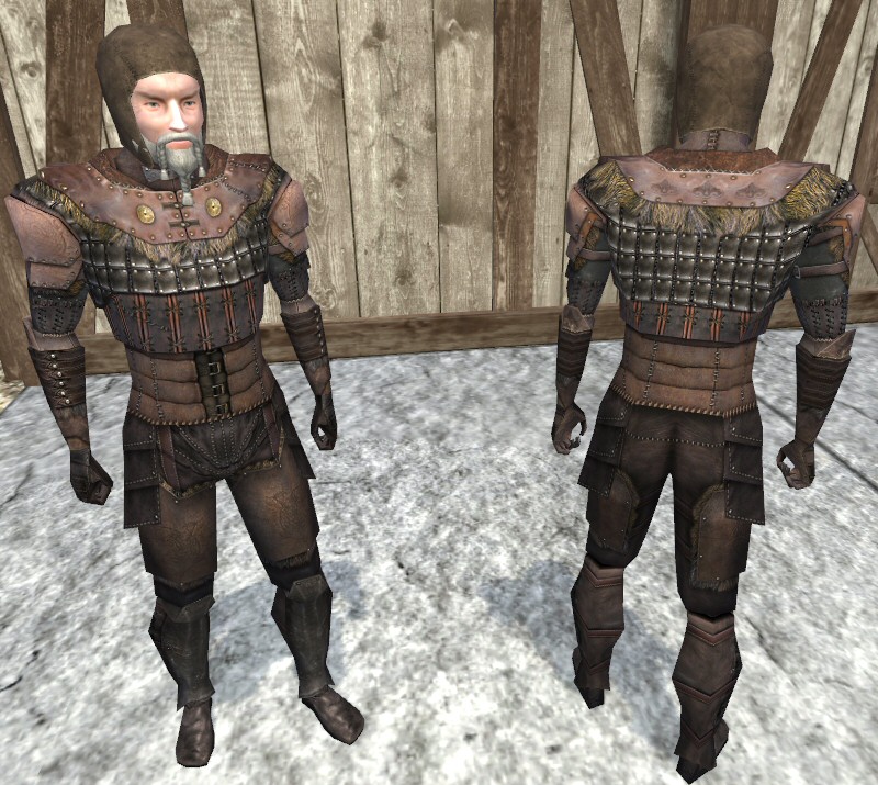 A male player wearing a full set of leather armour.