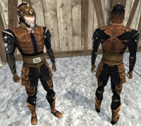 A male player wearing a full set of black drake hide armour.